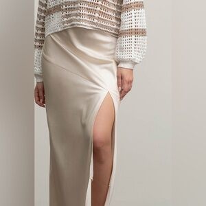105B. Satin Asymmetrical Side Slit Midi Skirt - Champagne